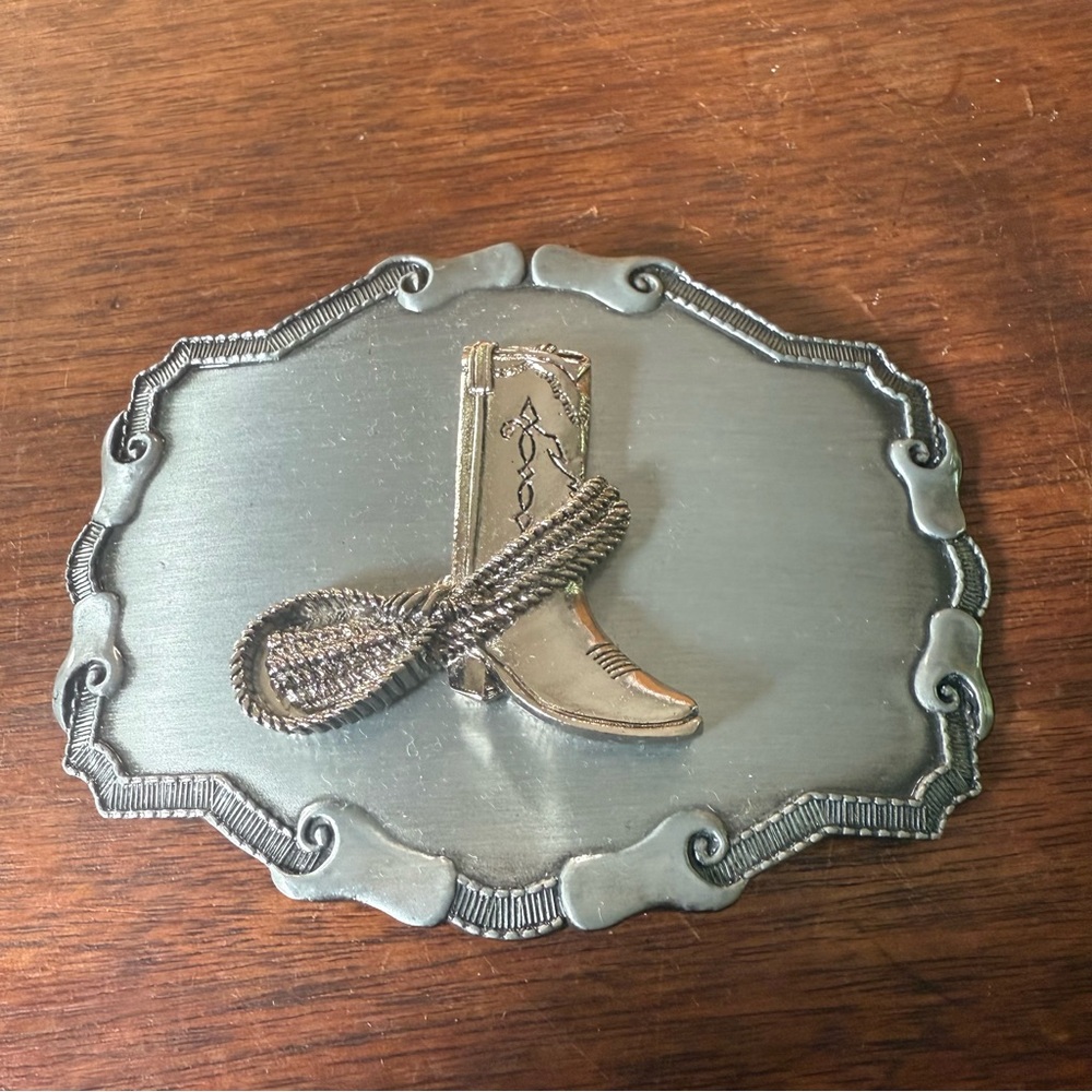 Vintage 1978 Cowboy Boot & Lasso Western Belt Buckle Pewter Silver Raintree USA